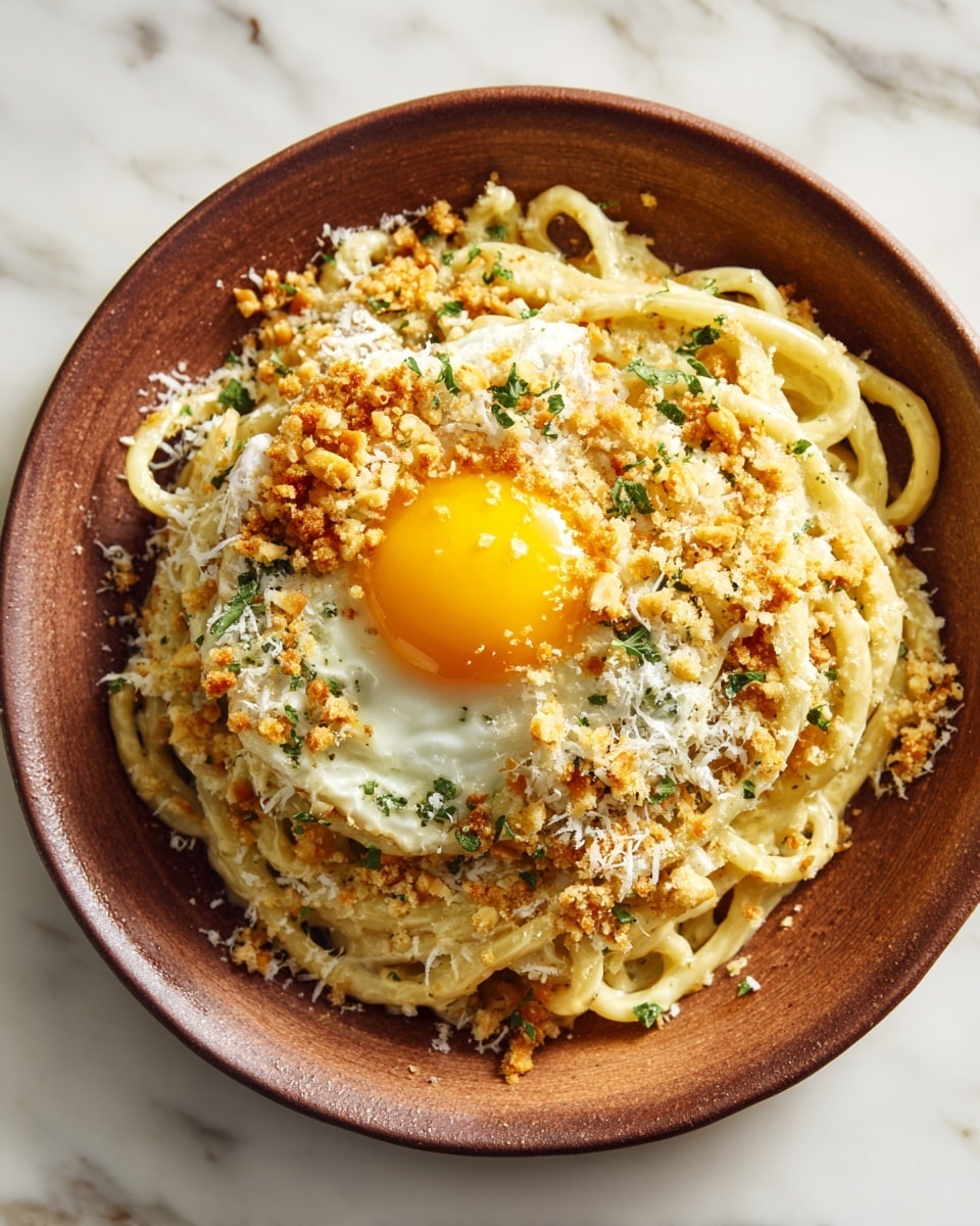 The image shows a rustic brown plate with a serving of pasta topped with a sunny-side-up egg. The pasta appears creamy and is coated with a light sauce, scattered with bits of grated cheese and small crunchy pieces, possibly nuts or breadcrumbs. The egg has a bright yellow yolk sitting in the center, surrounded by firm white edges. The plate rests on a white marbled surface. photo taken with an iphone --ar 4:5 --v 7