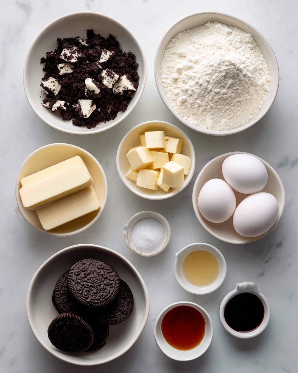 A white marble surface holds ingredients neatly placed in white bowls and a small white dish. The top left bowl contains crushed dark brown cookies with white cream bits, next to a small white bowl with small cubes of pale yellow butter. Below the butter is a white bowl filled with fine white flour. To the right, another white bowl is filled with white sugar. Below these, three white eggs rest on the marble surface, along with a stick of pale yellow butter. Below the eggs and butter, a white bowl holds more crushed cookies, surrounded by small white dishes with different colored liquids: dark brown vanilla, clear salt, and reddish brown vanilla. The setup is clean and bright, with all items placed evenly on the white marbled background photo taken with an iphone --ar 4:5 --v 7