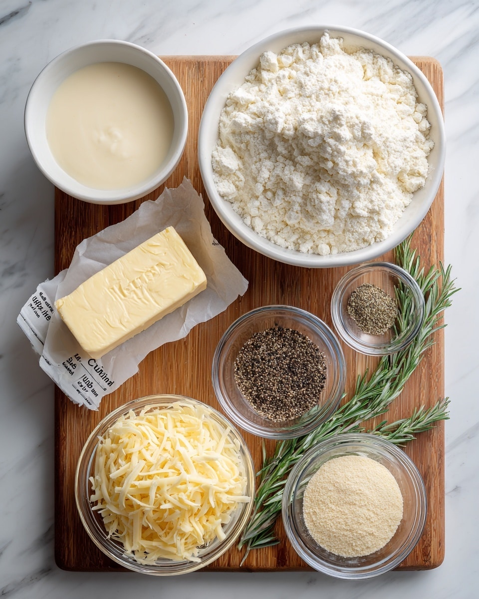 The image shows six clear and white dishes arranged neatly on a wooden cutting board. On the top left, a white bowl holds a smooth cream-like liquid. Next to it on the top middle is a white bowl filled with off-white flour, fluffy and piled high. To the top right are three small clear glass bowls placed vertically: the top one contains a fine white powder, the middle one holds black pepper mixed with coarse salt, and the bottom one has a grainy textured light brown powder. Below the flour bowl is a small clear bowl filled with shredded pale yellow cheese. On the wooden board, at the bottom left, there is a strip of butter with a measuring guide on the wrapper, lying next to two sprigs of fresh green rosemary. The background is a white marbled surface. Photo taken with an iphone --ar 4:5 --v 7