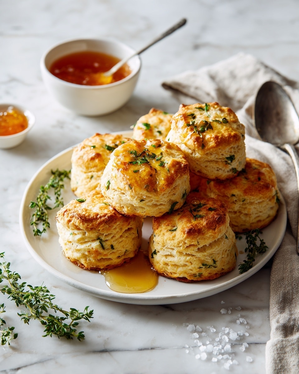 A white plate sits on a white marbled surface holding a single, thick biscuit with a golden-brown top and rough, flaky layers clearly visible around its sides. The biscuit has some small green herb pieces scattered on top with a light drizzle of honey or syrup pooling slightly at the base. Behind the plate, a linen cloth partly covers a pile of seven more biscuits, all golden with rough textures and uneven shapes. To the left of the plate is a small white bowl filled with amber-colored jam or honey, garnished with a sprig of fresh green herbs. Some fresh green herb sprigs and coarse salt crystals are scattered on the white marbled surface near an old tarnished silver spoon. The photo taken with an iphone --ar 4:5 --v 7