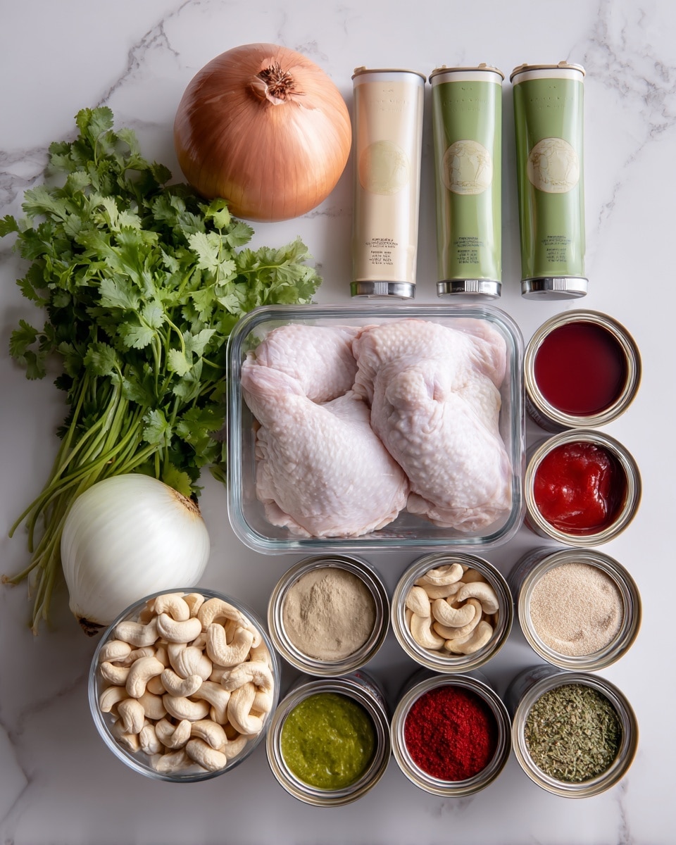 The image shows a white marble surface with various cooking ingredients arranged neatly. There is a large onion, a bunch of fresh green cilantro, three tubes of seasoning paste in green and beige packaging, cans of condensed milk, tomato paste, and red chili paste, along with several small jars of spices placed in rows. In the center is a clear glass container holding six raw skinless chicken thighs, and beside it sits a transparent container filled with pale cashew nuts. A woman's hand is not present in this image. photo taken with an iphone --ar 4:5 --v 7