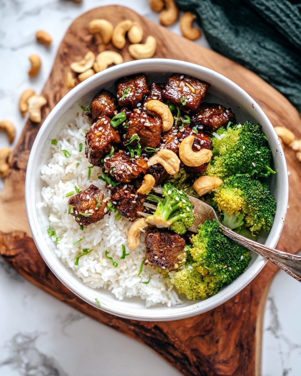 A white bowl filled with three layers: at the bottom, soft white rice with a fluffy texture; in the middle, bright green broccoli pieces scattered around; on top, dark brown caramelized small meat chunks mixed with golden brown cashew nuts and light sesame seeds, garnished with fresh green strips of herbs. A fork with a piece of broccoli rests inside the bowl. The bowl is placed on a white marbled surface with some dark green and wooden textures around, and spilled cashews and sauce on a small wooden board nearby. Photo taken with an iphone --ar 4:5 --v 7