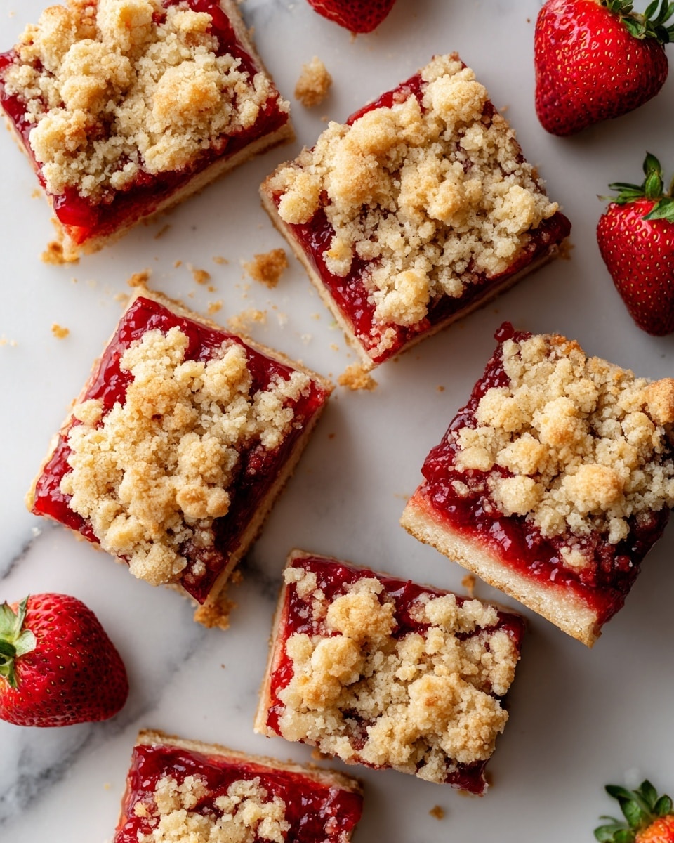 A square slice of dessert with three clear layers sits on a white plate with patterns. The bottom layer is thick, crumbly, and golden brown. The middle layer is creamy white and smooth. The top layer is a bright mix of red and pink strawberries, covered with small golden crumbs. A whole strawberry with green leaves rests on top as decoration. The background is a white marbled surface with a few strawberries blurred around. Photo taken with an iphone --ar 4:5 --v 7