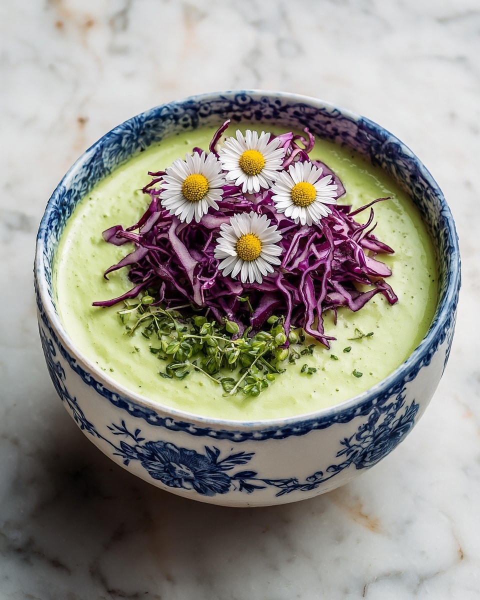 A bowl with two layers is shown on a white marbled surface. The bottom layer is a white bowl with blue floral patterns along the edge. Inside it is filled with a smooth, bright green soup as the first layer. On top, there is a small pile of thin, curly purple cabbage and some green herb strips as the second layer. Three small white daisy flowers with yellow centers are placed on top of the vegetables, in the center. Photo taken with an iphone --ar 4:5 --v 7