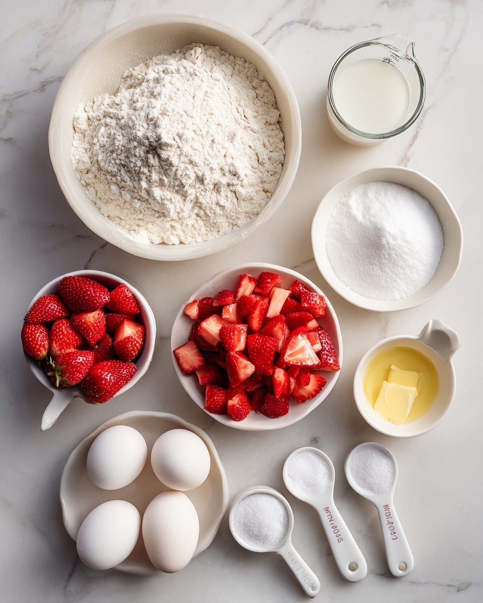 The image shows a white marble surface with several white bowls and measuring spoons arranged neatly. One large white bowl is filled with flour, another medium white bowl contains chopped bright red strawberries, and a clear measuring cup holds white sugar. Two white eggs rest on the marble surface, along with two small white measuring spoons containing salt and baking powder. A small white bowl holds light yellow melted butter, and a small clear glass contains a bit of milk. The overall setup is clean and organized, ready for baking. Photo taken with an iphone --ar 4:5 --v 7