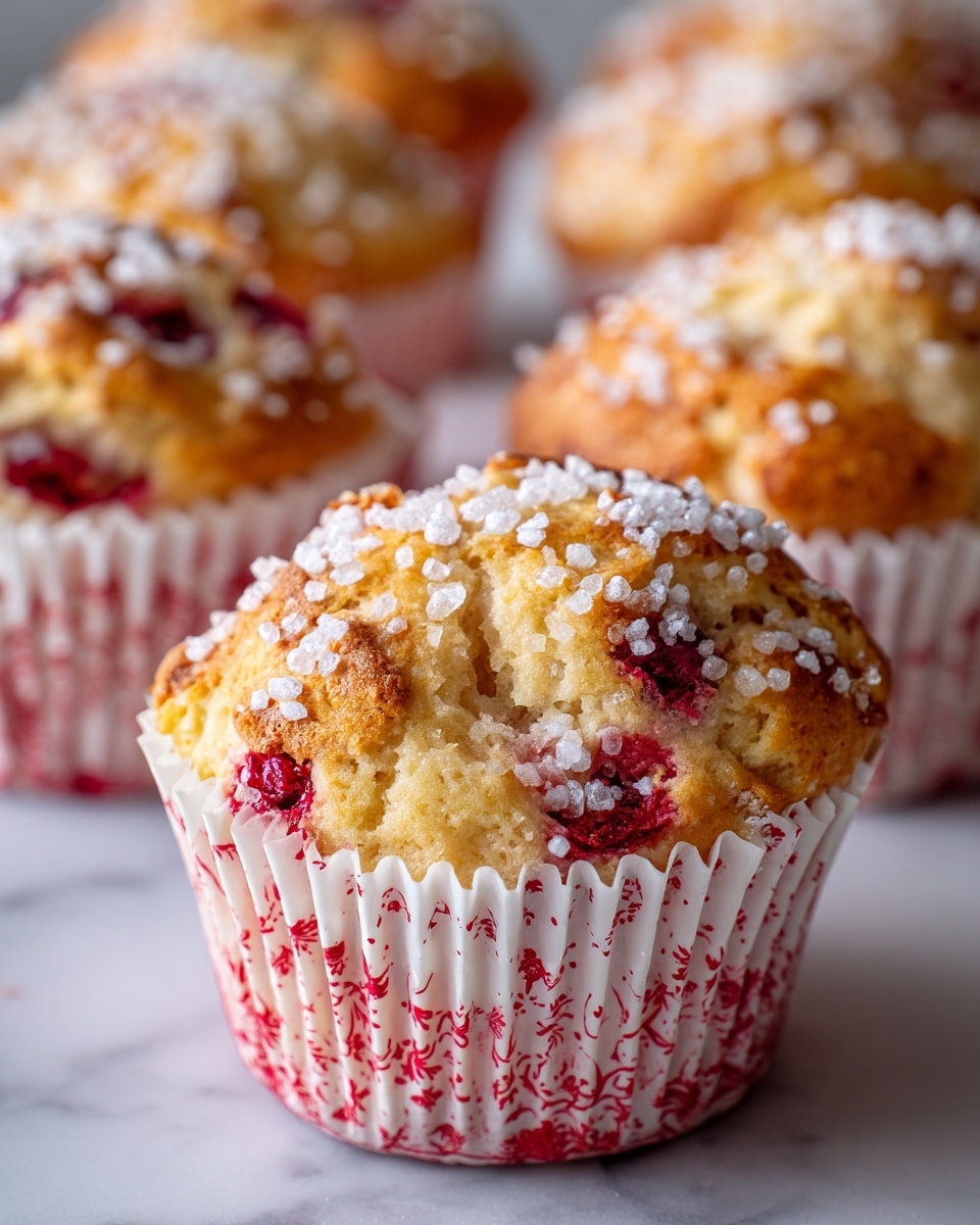 The image shows a close-up of a golden muffin sitting in a white paper cup with red decorative patterns. The muffin has visible red pieces of fruit throughout its top layer, and a layer of coarse white sugar crystals sprinkled on the surface adds texture and sparkle. Behind the main muffin, blurred similar muffins can be seen, all arranged on a white marbled surface. The focus on the front muffin highlights its crumbly, soft texture and the contrast between the red fruit pieces and the golden muffin base. photo taken with an iphone --ar 4:5 --v 7