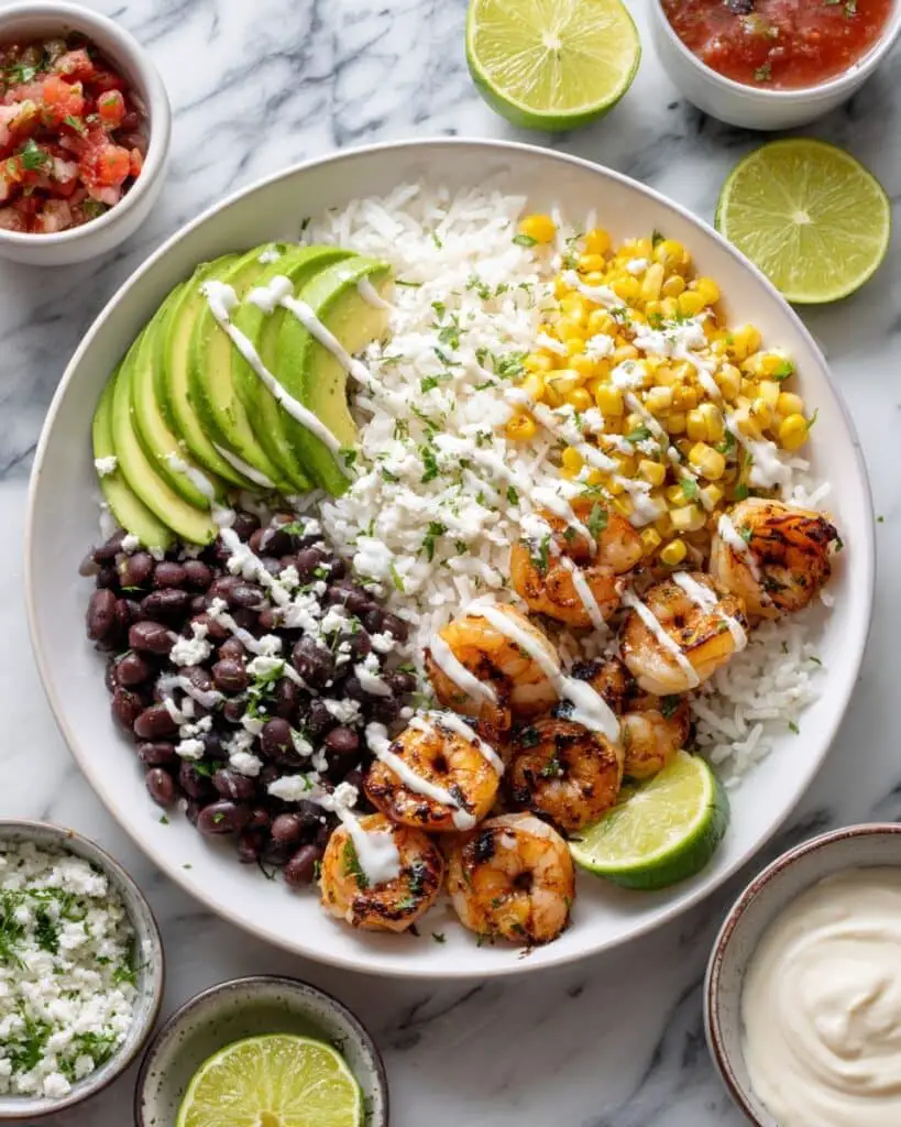 Chipotle Shrimp Bowls with Cilantro-Lime Rice and Fresh Corn Salad Recipe