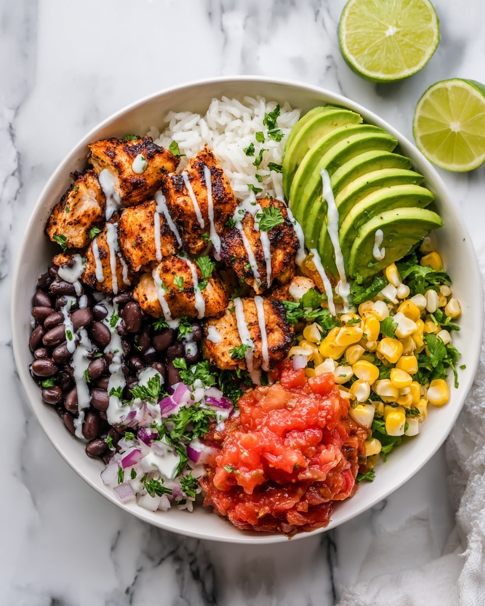 A white bowl sits on a white marbled surface filled with colorful layers of food. At the bottom is a layer of white rice, topped with dark black beans drizzled with white sauce. To one side, there are bright green slices of avocado arranged neatly. In the middle, golden brown grilled pieces of chicken sit with white sauce drizzled over them. Next to the chicken is a fresh corn salad mixed with bits of red onion, and in front is a scoop of red tomato salsa. A wedge of lime rests on the edge of the bowl, while a woman's hand above squeezes lime juice over the food. The scene is bright and clean, with soft shadows and a clear focus on the fresh ingredients photo taken with an iphone --ar 4:5 --v 7