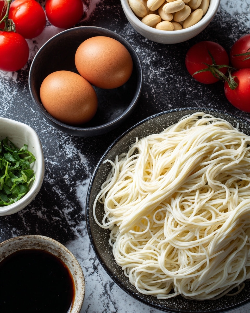 The image shows a close-up of uncooked white noodles placed on a black surface with a slightly shiny texture. Next to the noodles are two brown eggs in a small black bowl, a bowl of beige peanuts, some green herbs in a white bowl, and a few vibrant red cherry tomatoes partially visible on the side. There is also a bowl with dark soy sauce in the foreground. The overall scene is arranged on a white marbled texture. photo taken with an iphone --ar 4:5 --v 7