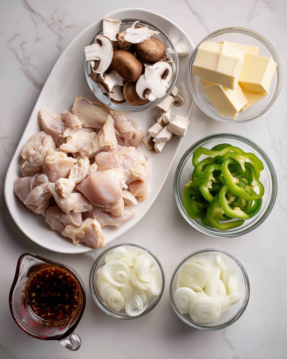 The image shows raw chicken pieces placed on a white plate on the left side. Above and next to the chicken are small clear glass bowls with ingredients: chopped brown mushrooms with white insides at the top left, folded white cheese slices in a bowl to the right, a small piece of butter in another bowl, and a clear measuring cup with dark brown sauce containing bits of red and white. Below these are a bowl with sliced white onions and another bowl with sliced green bell peppers. All items rest on a white marbled surface photo taken with an iphone --ar 4:5 --v 7