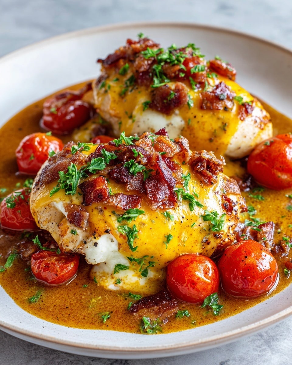 Two pieces of cooked chicken are placed on a white plate with a white marbled texture background. Each chicken piece has a layer of melted yellow and white cheese covering the top, with crispy brown bacon pieces sprinkled over it. Bright red cherry tomatoes are placed around and on top of the chicken, adding a pop of color. Fresh green parsley is chopped and scattered over everything, adding texture and contrast. The chicken sits in a rich brown sauce that pools around the bottom of the plate. photo taken with an iphone --ar 4:5 --v 7