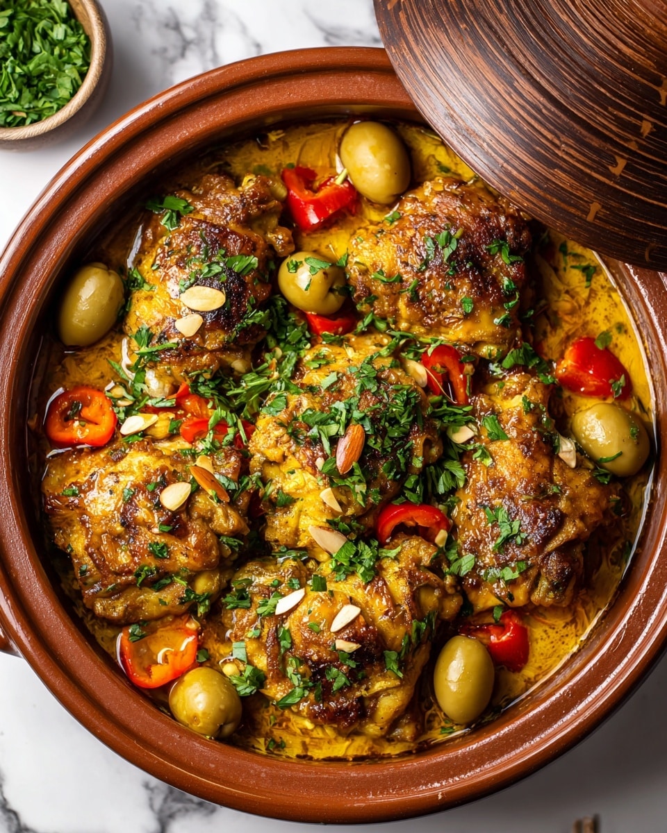 A round brown clay pot filled with six browned chicken pieces layered on top in a rich yellowish sauce with visible herbs and spices. Scattered around the chicken are whole green olives, sliced orange and red peppers, and small almond slices. The chicken is garnished generously with fresh green chopped parsley. The pot sits on a white marbled surface with part of a wooden lid visible in the top right corner. photo taken with an iphone --ar 4:5 --v 7