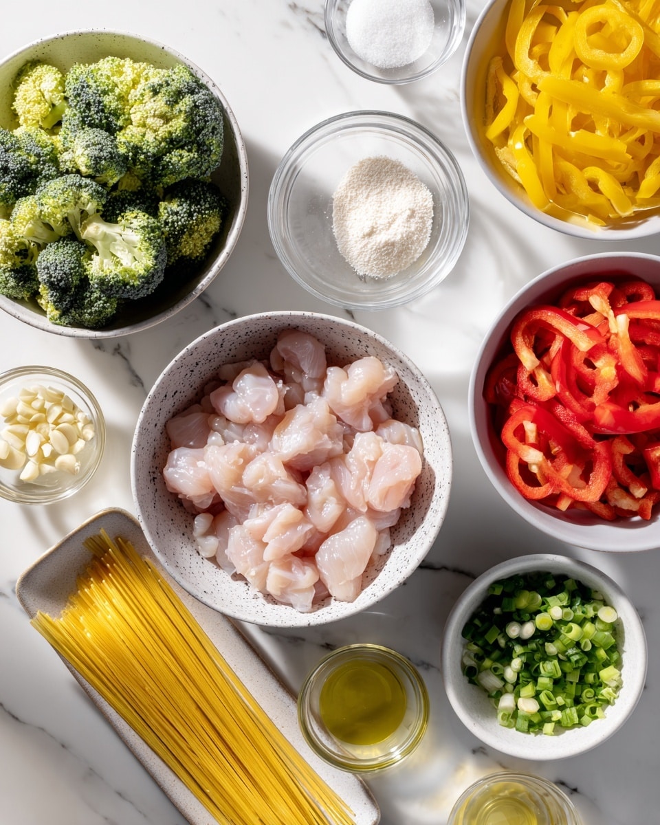 The image shows a top view of various fresh ingredients arranged neatly on a white marbled surface. In the center, there is a white bowl with small black specks filled with raw sliced chicken pieces in pale pink color. Above it, two small clear bowls hold a white powder and a light golden liquid. To the left, a white bowl is filled with bright green broccoli florets. On the right, there is a white bowl overflowing with thin slices of red and yellow bell peppers. At the bottom left, a small glass bowl contains minced garlic, next to a small bowl with pale yellow oil. Near the bottom center, yellow uncooked spaghetti noodles lie on a long white dish with a gray rim. To the right of the chicken, a small white bowl contains chopped green onions in dark and light green colors, and nearby is a tiny white bowl with salt. A small glass bowl containing greenish-yellow oil is also present near the bottom right. Photo taken with an iphone --ar 4:5 --v 7