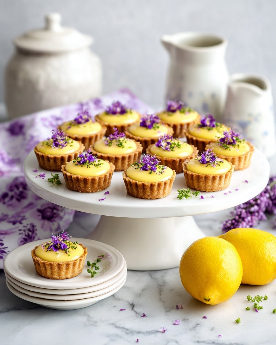 The image shows small tartlets arranged on a white plate, each with a golden brown, textured crust forming the base and sides, filled with smooth, glossy pale yellow cream in the center. Bright purple small flowers are delicately placed on top of the cream and scattered around the plate, adding a fresh and colorful contrast. The background and surface have a clean white marbled texture, highlighting the vibrant colors of the tartlets and flowers. photo taken with an iphone --ar 4:5 --v 7