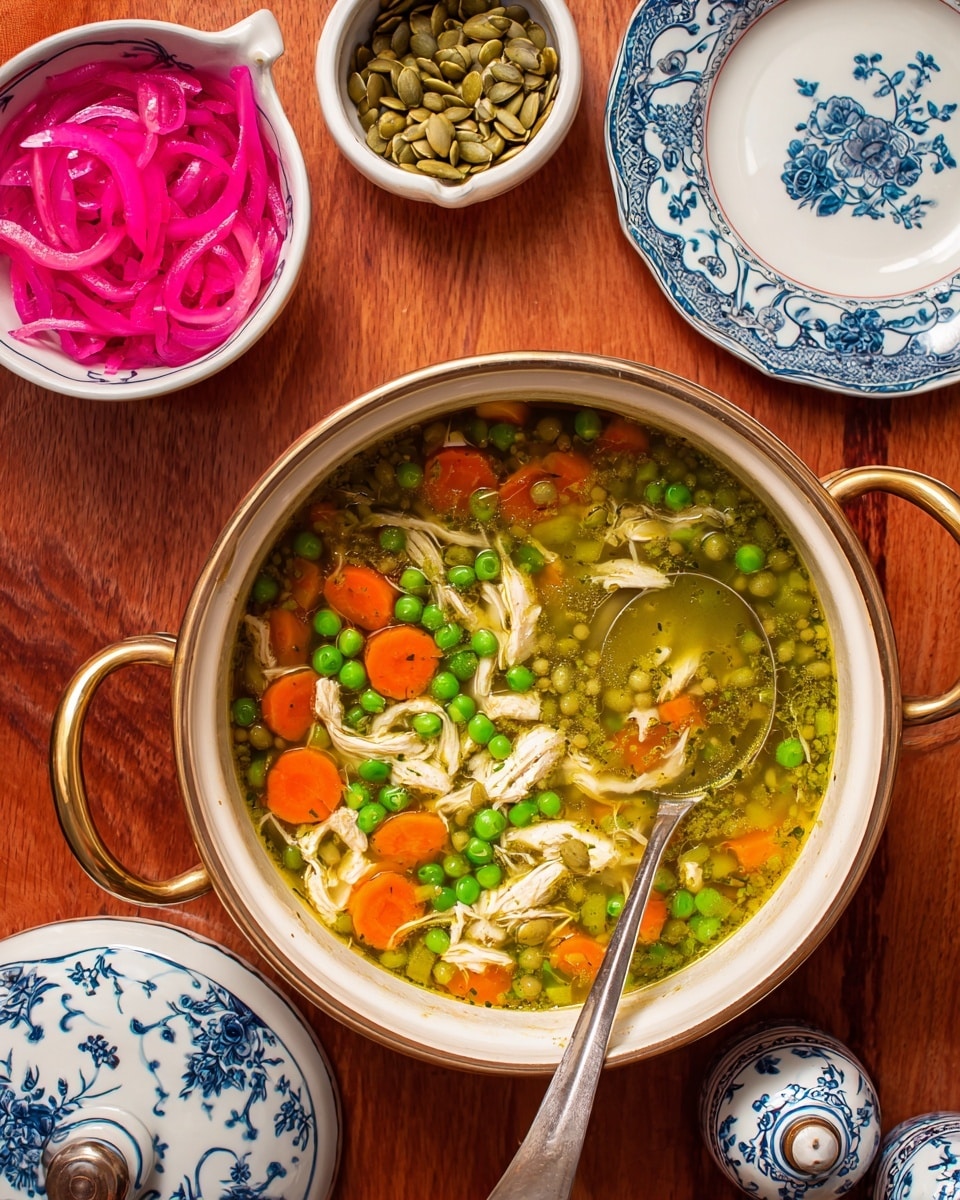 A white round pot with gold handles holds a green soup that fills it close to the top; the soup contains bright green peas, orange carrot slices, and light beige chunks of chicken spread evenly throughout the broth. A silver ladle rests inside the pot, with its handle leaning out and slightly to the right. Above the pot, there is a small white cup filled with green pumpkin seeds, some scattered on the wooden table around it. To the left, a small white bowl on a blue and white patterned cloth holds bright pink pickled onions with a textured surface. At the bottom edge, part of a white plate with blue floral designs and two blue and white patterned salt and pepper shakers are visible, all set on a warm wooden table. photo taken with an iphone --ar 4:5 --v 7