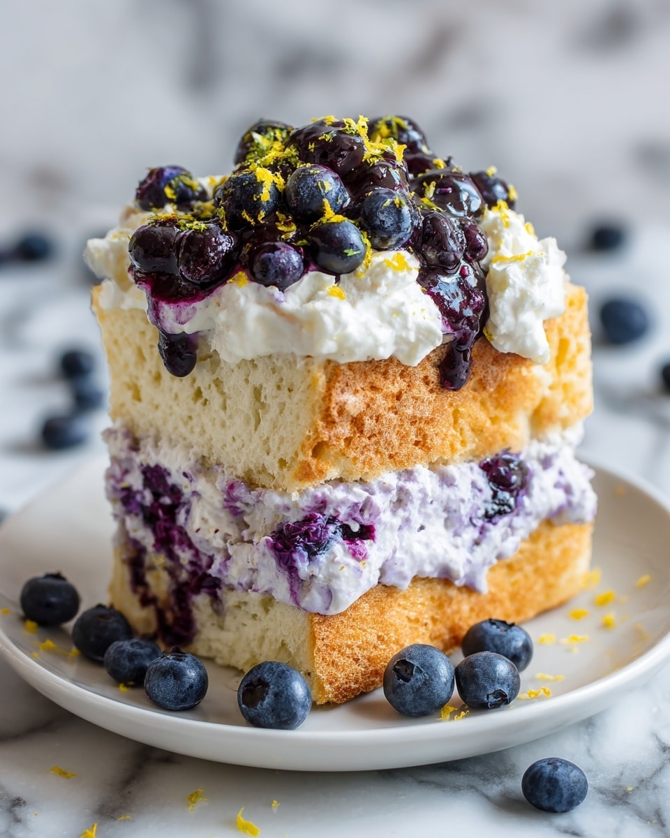 The image shows a stack of two thick slices of airy bread with a light golden crust, filled with a creamy lavender-blueberry spread that has whole blueberries inside. The top layer of bread is topped with white cream, a dark purple blueberry sauce, and fresh blueberries, sprinkled with small bits of yellow zest. The stack sits on a white plate, which is on a white marbled surface with a few scattered blueberries and small yellow zest pieces around it. Photo taken with an iphone --ar 4:5 --v 7