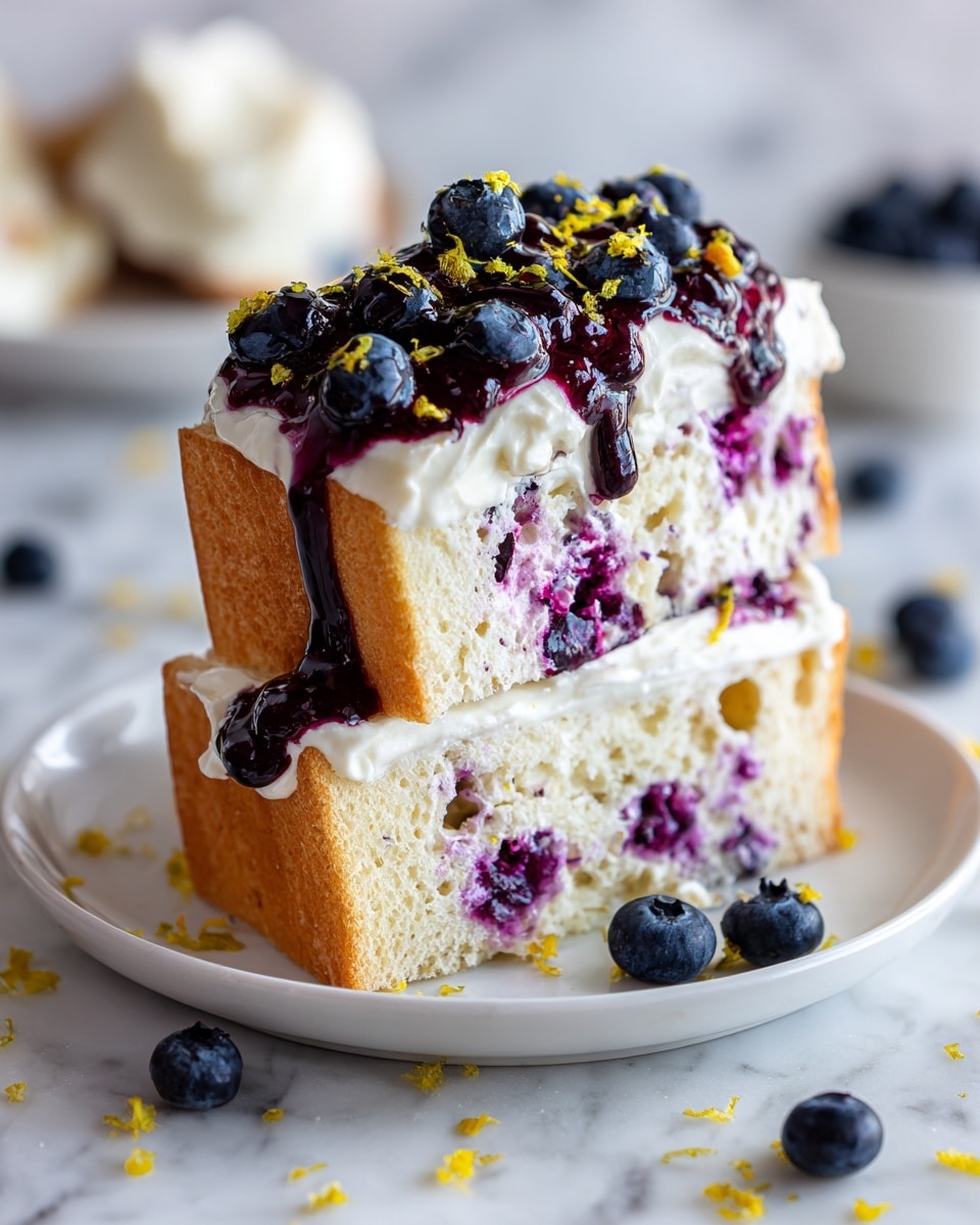 The image shows two thick slices of light golden brown bread stacked on a white plate, each slice filled with a creamy mixture that has visible blueberries mixed in, giving it a purple tint. The top slice is covered with a layer of white cream, topped with dark purple blueberry sauce dripping slightly over the edges, and fresh whole blueberries sprinkled on top along with small bits of yellow zest. The bread texture is airy with visible holes inside. The white plate sits on a white marbled surface with some scattered blueberries and small bits of zest around it. photo taken with an iphone --ar 4:5 --v 7