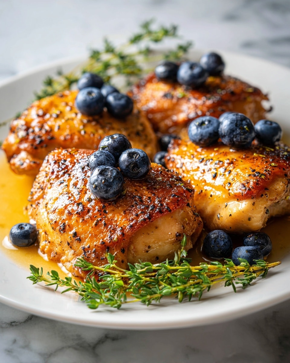 The image shows three pieces of cooked chicken on a white plate, placed on a white marbled surface. Each piece of chicken has a golden-brown color with a slightly crispy texture, sprinkled with black pepper. On top of each chicken piece, there is a small pile of fresh blueberries that are deep blue and shiny. Small green sprigs of thyme are placed around and on the chicken, adding a touch of green color. The lighting highlights the moisture and slight gloss on the chicken skin. photo taken with an iphone --ar 4:5 --v 7