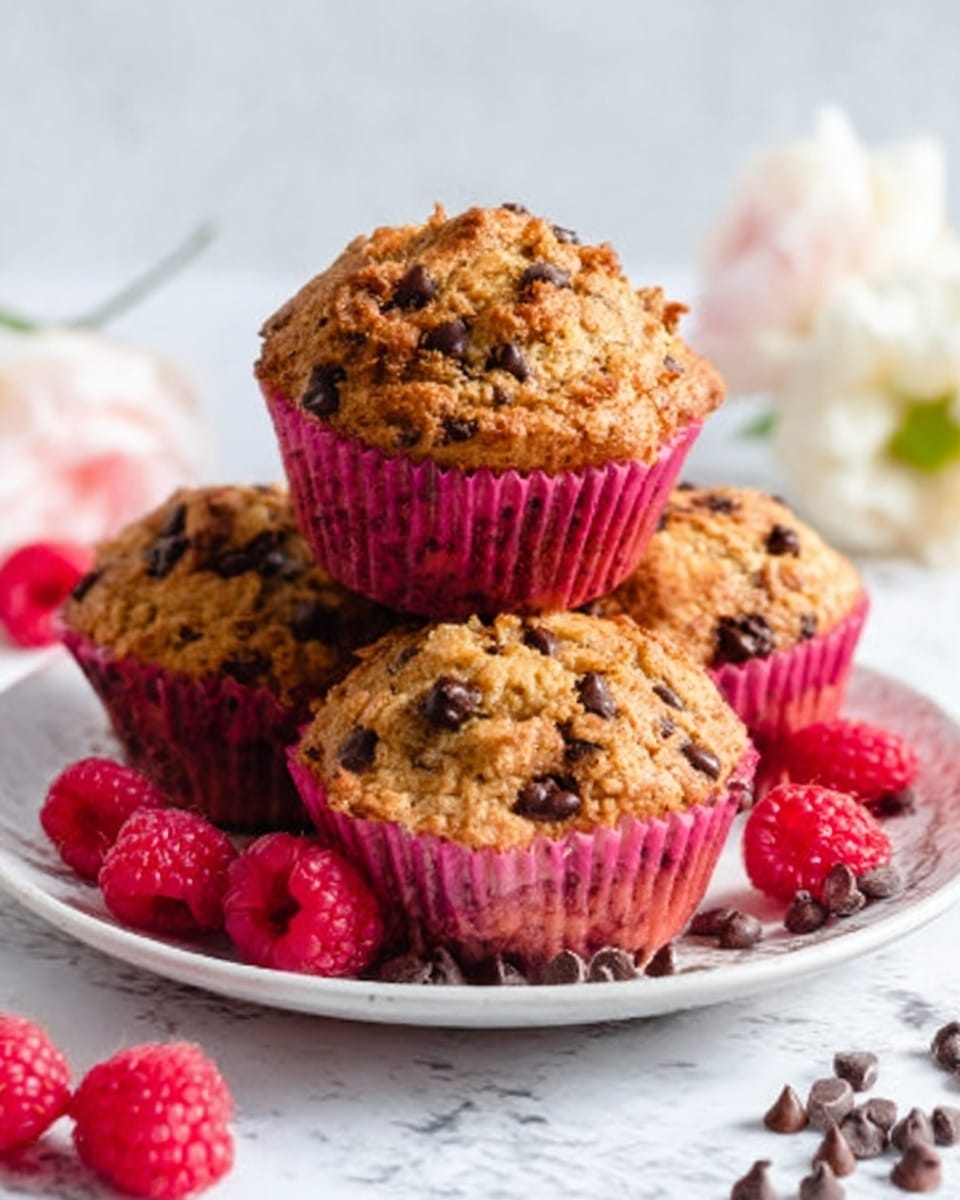 The image shows a white plate with a stack of three muffins in bright pink paper liners. The muffins are golden brown with a rough, crumbly texture on top, studded with small dark chocolate chips. Around the plate and on the white marbled surface are fresh red raspberries and a scattering of loose chocolate chips. To the right side of the plate, part of a white flower is visible. The scene is bright with soft natural light, focusing on the colorful, textured muffins. photo taken with an iphone --ar 4:5 --v 7