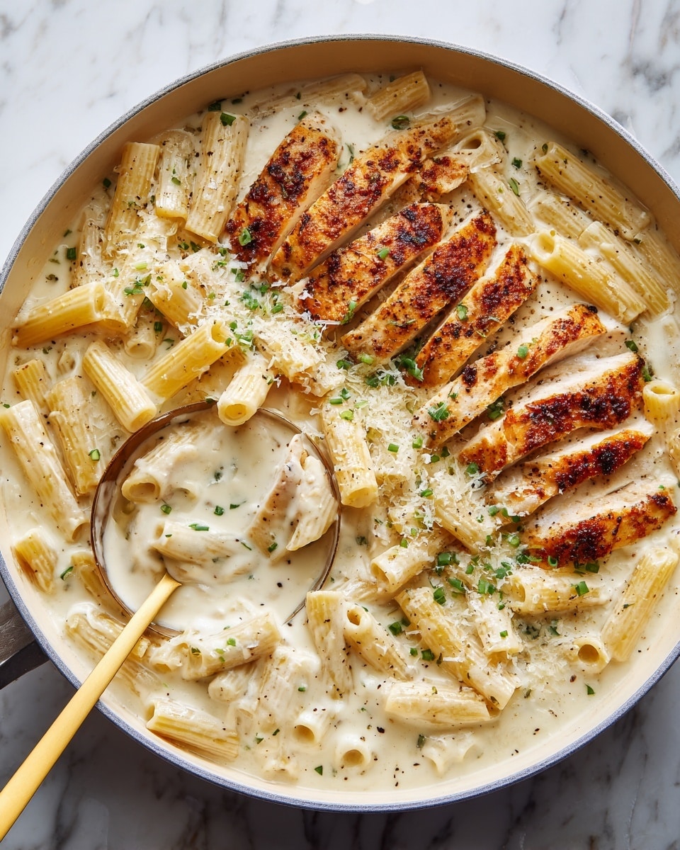 A white pan filled with creamy white sauce pasta, with penne noodles coated evenly in the sauce. On top, two rows of sliced golden-brown grilled chicken pieces are placed in the middle, sprinkled with grated cheese and small green herb bits. The sauce is smooth and thick, with black pepper flecks scattered throughout. A golden spoon rests in the pan, partially scooping some pasta with chicken. The pan sits on a white marbled surface. Photo taken with an iphone --ar 4:5 --v 7
