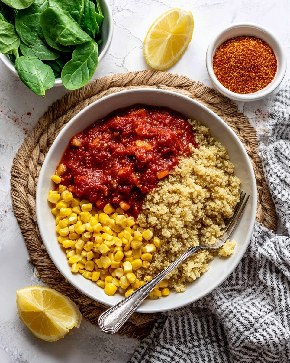 The image shows a white round bowl set on a gray and white striped cloth over a woven mat, placed on a white marbled surface. Inside the bowl, there are two layers: on the left side, there is a chunky red tomato sauce with visible small yellow corn kernels scattered throughout, and on the right side, there is a portion of light brown cooked quinoa with a fluffy texture. A silver spoon rests inside the bowl on the right side, partially digging into the quinoa layer. Around the bowl, on the left, two lemon wedges are placed, and a few fresh green spinach leaves lie near the top left corner. On the lower right, there is a small white bowl filled with a reddish spice powder. A woman's hand is partially visible at the top left corner, holding a small white bowl with more fresh spinach leaves. Photo taken with an iphone --ar 4:5 --v 7