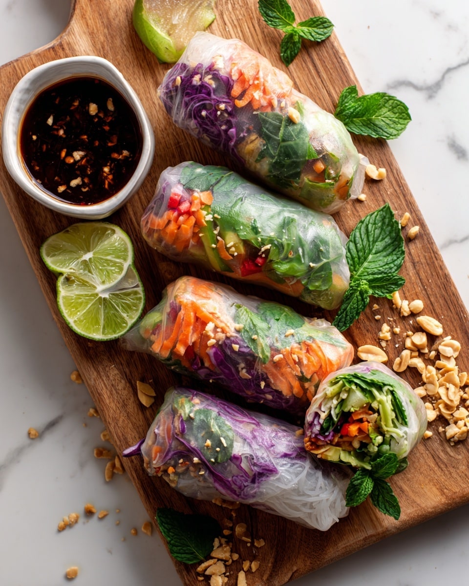 A wooden board holds four fresh spring rolls wrapped with translucent rice paper, showing colorful layers inside. The rolls have bright orange carrot, purple cabbage, green leafy herbs, and light crunchy vegetables, arranged tightly inside. Some rolls are whole while others are cut to show the vibrant fillings. Fresh mint leaves are placed around for garnish. Lime wedges and crushed peanuts are scattered on the board. A white bowl with a dark dipping sauce sits near the rolls. The background surface is white marbled texture. photo taken with an iphone --ar 4:5 --v 7