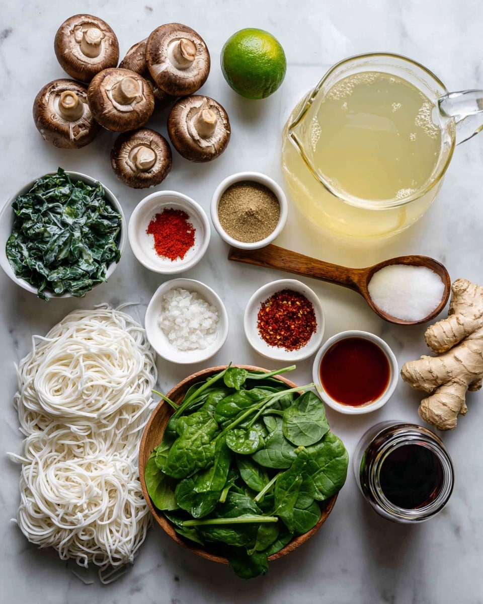 A dark bowl with a floral pattern holds a creamy orange soup filled with five plump shrimp arranged on top, their pink and white bodies curling with visible segments. Large slices of light brown mushrooms peek out from the soup, which has a smooth, slightly oily surface dotted with herbs and spices. Green herb leaves are scattered over the shrimp and soup, adding fresh color, with small red chili flakes and black pepper visible. The bowl sits on a wooden round board, and the background is a white marbled texture. Photo taken with an iphone --ar 4:5 --v 7