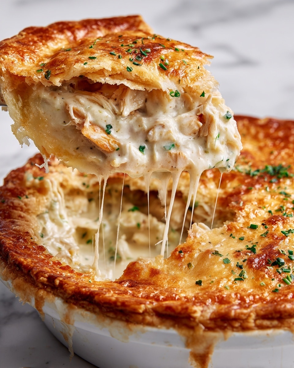 The image shows a close-up view of a fresh cheesy chicken pot pie with a thick golden crust on top, broken in the middle to reveal three layers inside: the top crust has a rough, crumbly texture in a warm golden brown color; below that is a creamy layer with white sauce and small green herb pieces; at the bottom is a layer of moist, pale cooked chicken mixed with melted white cheese that stretches in long strands as a woman's hand lifts a slice. The pot pie is served in a white dish on a white marbled surface. photo taken with an iphone --ar 4:5 --v 7