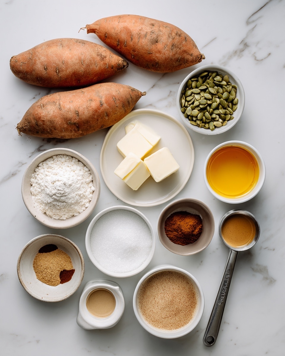 The dish is in a white rectangular ceramic baking dish, showing two main layers. The bottom layer is smooth and bright orange, likely mashed sweet potatoes, spread evenly across the base. The top layer is a crumbly brown topping mixed with green pumpkin seeds, scattered thickly and unevenly, adding texture. Small fresh green leaves are placed on top for decoration. The baking dish sits on a light beige cloth on a white marbled surface, with some pumpkin seeds and leaves scattered around for a natural look. Photo taken with an iphone --ar 4:5 --v 7