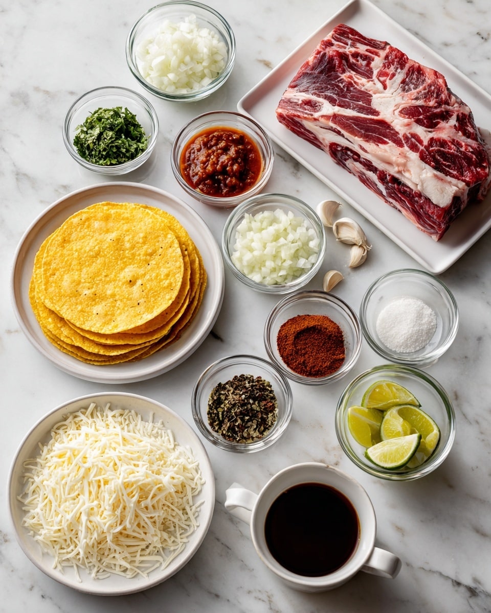 The image shows two soft tacos on a white plate with a white marbled surface underneath. Each taco has a yellow, slightly toasted tortilla as the base. Inside the tortillas, there is a layer of brown shredded meat topped with small pieces of red tomato, white diced onion, and green cilantro. There is also some white shredded cheese sprinkled over the top. Around the plate, there are two lime wedges on the right side and additional plain yellow tortillas at the bottom. In the background, there are two small white bowls, one with a brown sauce, and a wooden bowl filled with red tomato salsa. The setting has bright natural light and a fresh appearance. photo taken with an iphone --ar 4:5 --v 7