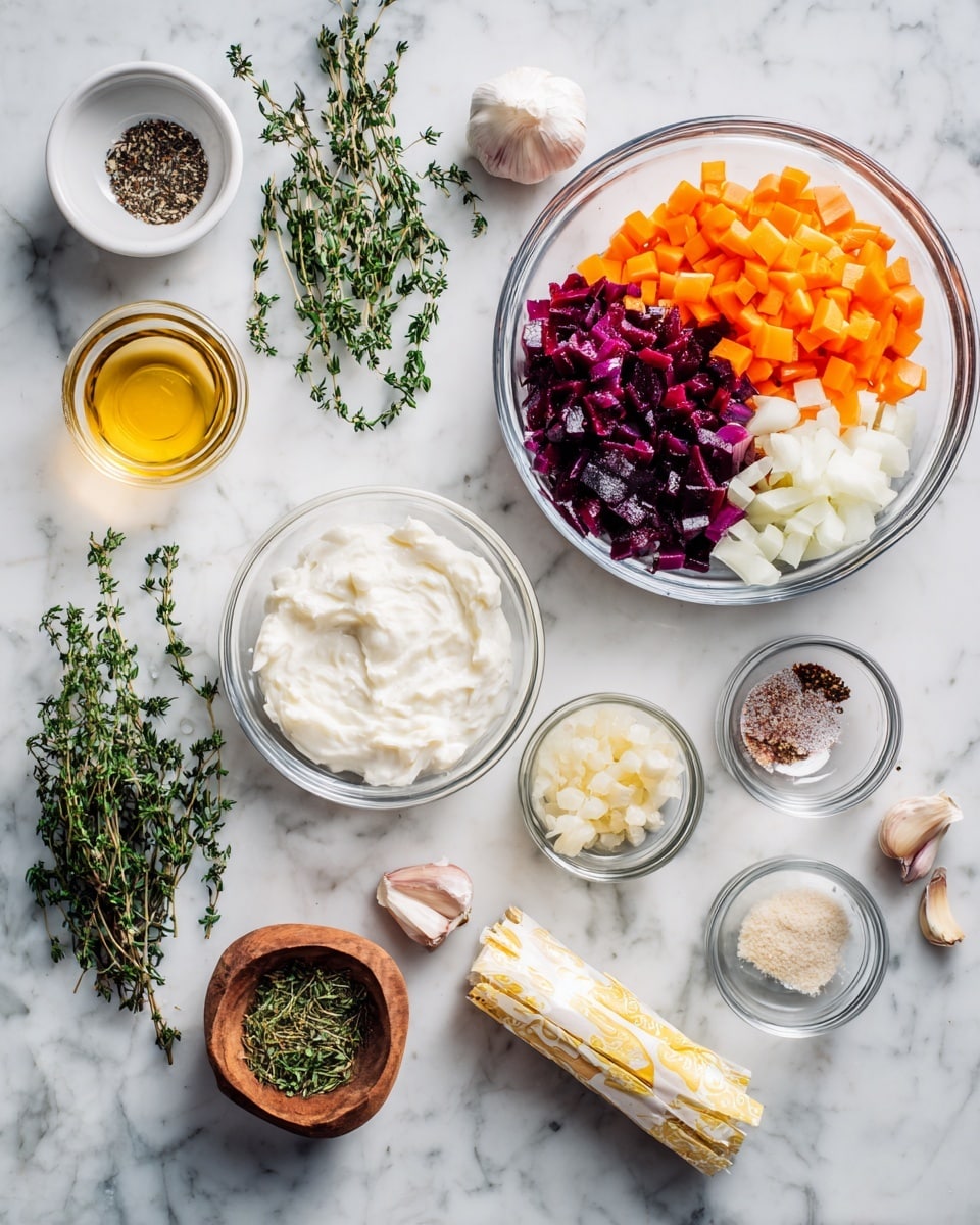 The dish shows thinly sliced layers of two types of vegetables arranged side by side inside a baking dish with a worn white edge. The left side has pale yellow slices with a slightly browned surface, and the right side has deeper orange slices with a more charred look. Both vegetables have small green herb sprigs scattered on top, slightly wilted and crisp from cooking. The layers are neatly stacked, creating a textured, slightly uneven surface across the dish. photo taken with an iphone --ar 4:5 --v 7