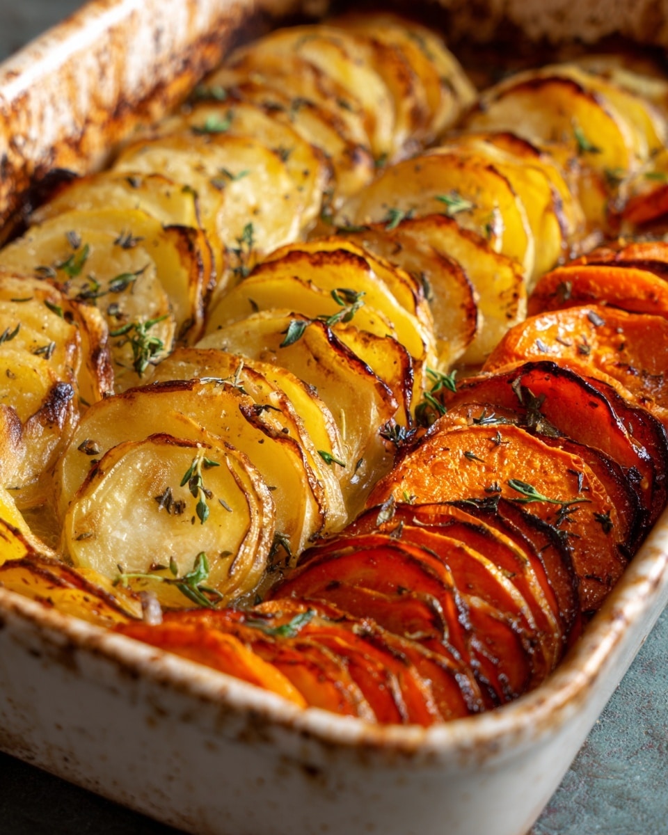 A white oval dish holds a neat arrangement of thinly sliced vegetables layered in rows. The outer rows are dark purple eggplant slices with a smooth texture and slight shine. Next to them are deep orange tomato slices with a juicy, soft look. The center row features pale yellow potato slices with a firm texture, topped with green herbs. The colors contrast well, and the layers are evenly placed so each vegetable is visible. The dish rests on a white marbled surface. photo taken with an iphone --ar 4:5 --v 7