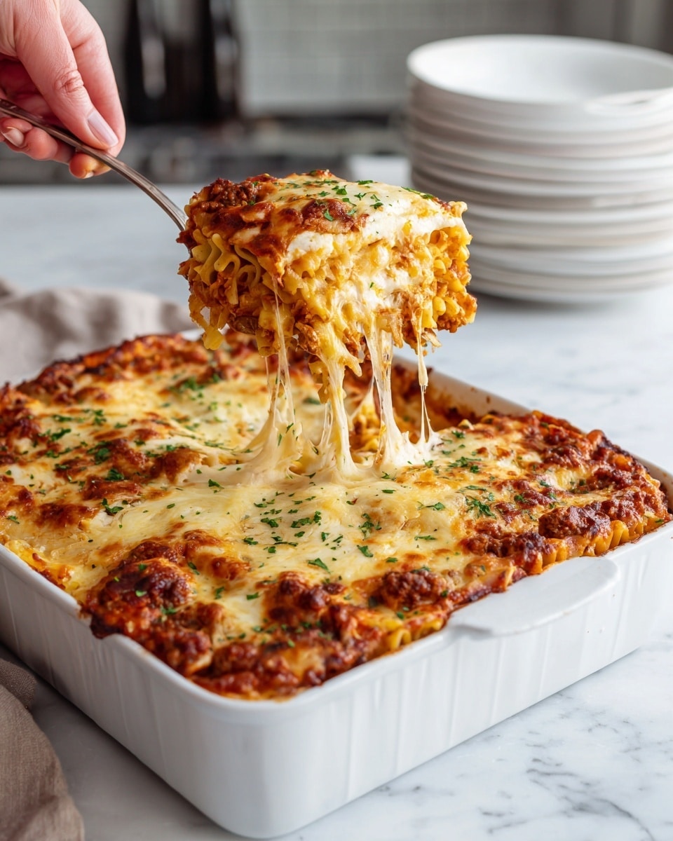 The image shows a white rectangular baking dish filled with a layered pasta bake. The top layer is melted, golden-brown cheese with slightly crispy edges and a scattered sprinkle of green herbs. Beneath the cheese, there are visible layers of pasta mixed with a rich red tomato sauce and small chunks of browned meat. A woman's hand holds a metal spoon lifting a large portion from the dish, showing stretchy melted cheese dripping down. The dish is placed on a white marbled surface with a few blurred white dishes stacked in the background. photo taken with an iphone --ar 4:5 --v 7
