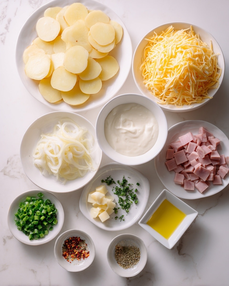 A white oval dish filled with a layered potato casserole is shown. The base layer consists of light brown sliced potatoes. On top, there is a creamy white sauce spread unevenly. The next layer has grated yellow cheese scattered over the sauce. The casserole appears slightly baked with some cheese melted and lightly browned. Around the dish, there are several whole raw potatoes, a bowl of grated cheese, and small bowls with seasonings on a white marbled surface. A woman's hand holds the dish on the left edge. Photo taken with an iphone --ar 4:5 --v 7