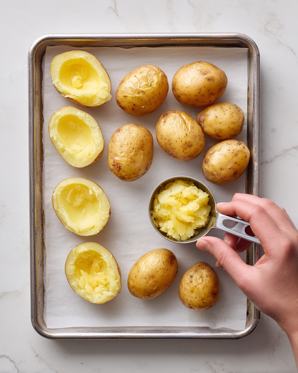 The image shows a white tray filled with roasted potato halves that have a rough, golden-brown skin and soft, yellow insides. The potatoes are cracked open with crushed garlic spread on top. Below the tray, on a white marbled surface, there are three small clear glass bowls stacked side by side, containing salt, cracked black pepper, and a light oil. A yellow silicone brush is held by a woman's hand applying oil to the potatoes. The whole scene has bright, natural light and clear detail. photo taken with an iphone --ar 4:5 --v 7