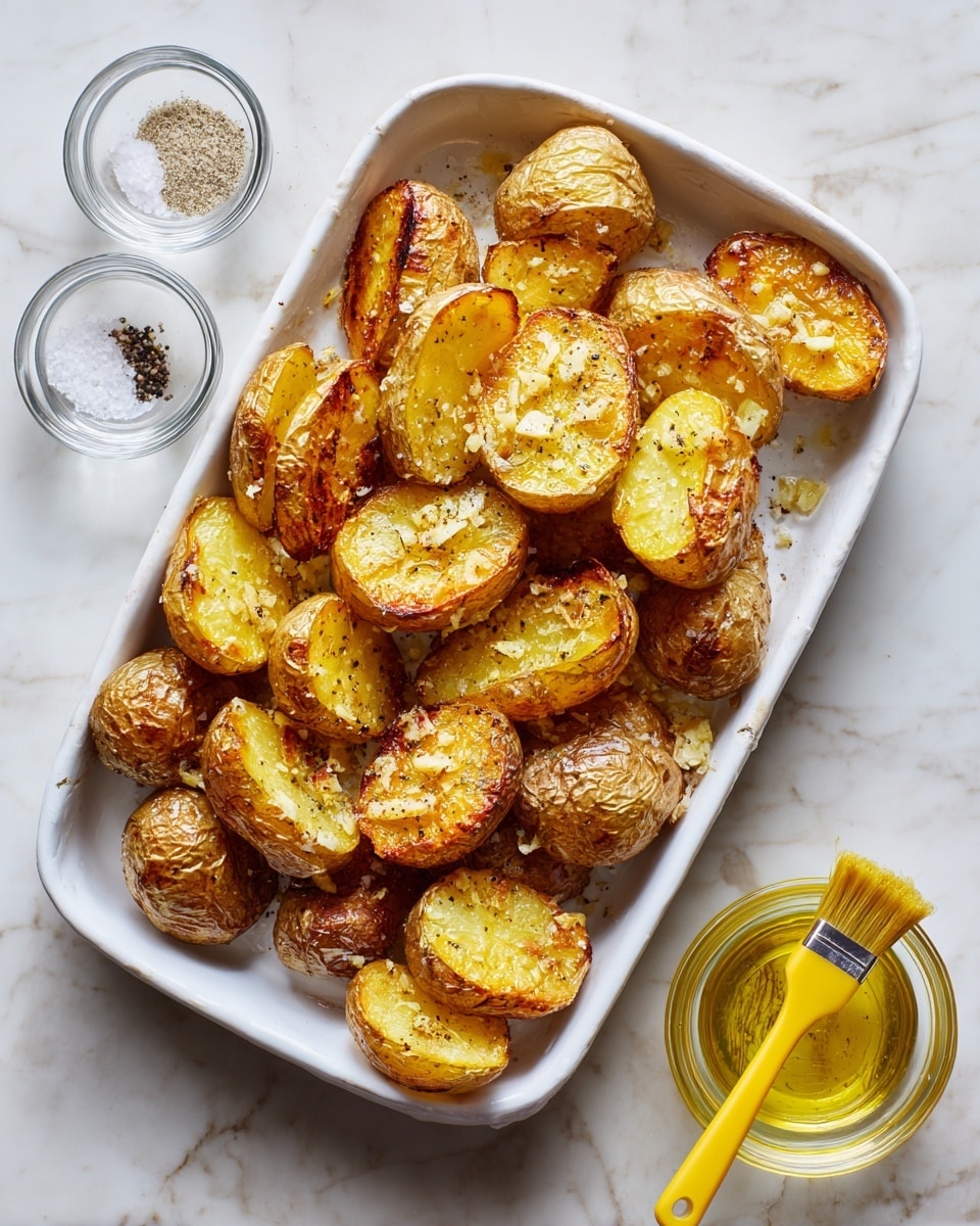The image shows a close-up of roasted potatoes on a white plate against a white marbled background. The potatoes are cut into chunky pieces, cooked to a golden brown with crispy edges, and topped with a creamy white sauce speckled with small green herbs. Bright green chopped parsley is sprinkled on top, adding freshness and color contrast. The potatoes are layered beneath the sauce, which has a smooth, slightly thick texture that clings to the potato pieces. photo taken with an iphone --ar 4:5 --v 7