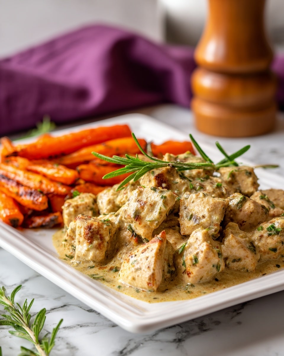 The image shows a white rectangular plate on a white marbled surface. On the plate, there is a main layer of cubed, light golden-brown chicken pieces covered in a creamy herb sauce with visible specks of green herbs. To one side of the chicken, there are roasted carrot sticks that are bright orange with some caramelized edges. A green sprig of rosemary lies across the chicken pieces, adding detail and color contrast. In the blurred background, there is a wooden pepper grinder and a purple cloth, but the focus remains on the food. photo taken with an iphone --ar 4:5 --v 7