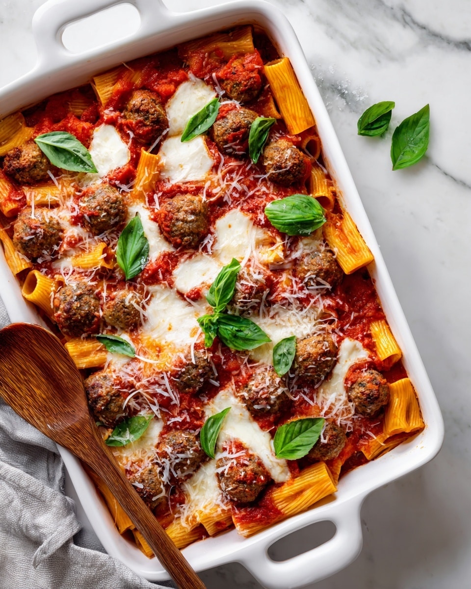 The image shows a white rectangular baking dish filled with a layered pasta bake. The bottom layer is made of cooked noodles in a rich red tomato sauce. Above the noodles is a layer of melted white cheese that looks smooth and creamy, topped with small brown meatballs evenly spread across the surface. Fresh green herb pieces are scattered on top, adding a fresh touch. A black spatula rests inside the dish, where a portion of the pasta bake is missing, revealing the layers clearly. The dish sits on a white marbled surface with a blue cloth underneath, and the photo is taken up close with good light, showing the vivid colors and textures of the food. photo taken with an iphone --ar 4:5 --v 7