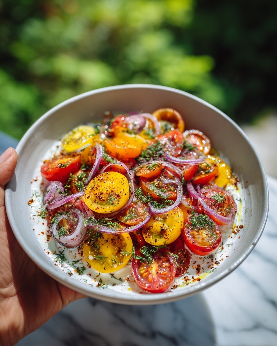 A white bowl filled with a fresh salad featuring layers of halved cherry tomatoes, small round mozzarella balls, and fresh basil leaves. The colors include bright red from the tomatoes, creamy white from the mozzarella, and vibrant green from the basil. Thin drizzles of dark balsamic glaze are artfully spread over the top, adding shine and contrast. A silver fork is placed inside the bowl, resting on the side, and the bowl is set on a white marbled surface. Photo taken with an iphone --ar 4:5 --v 7