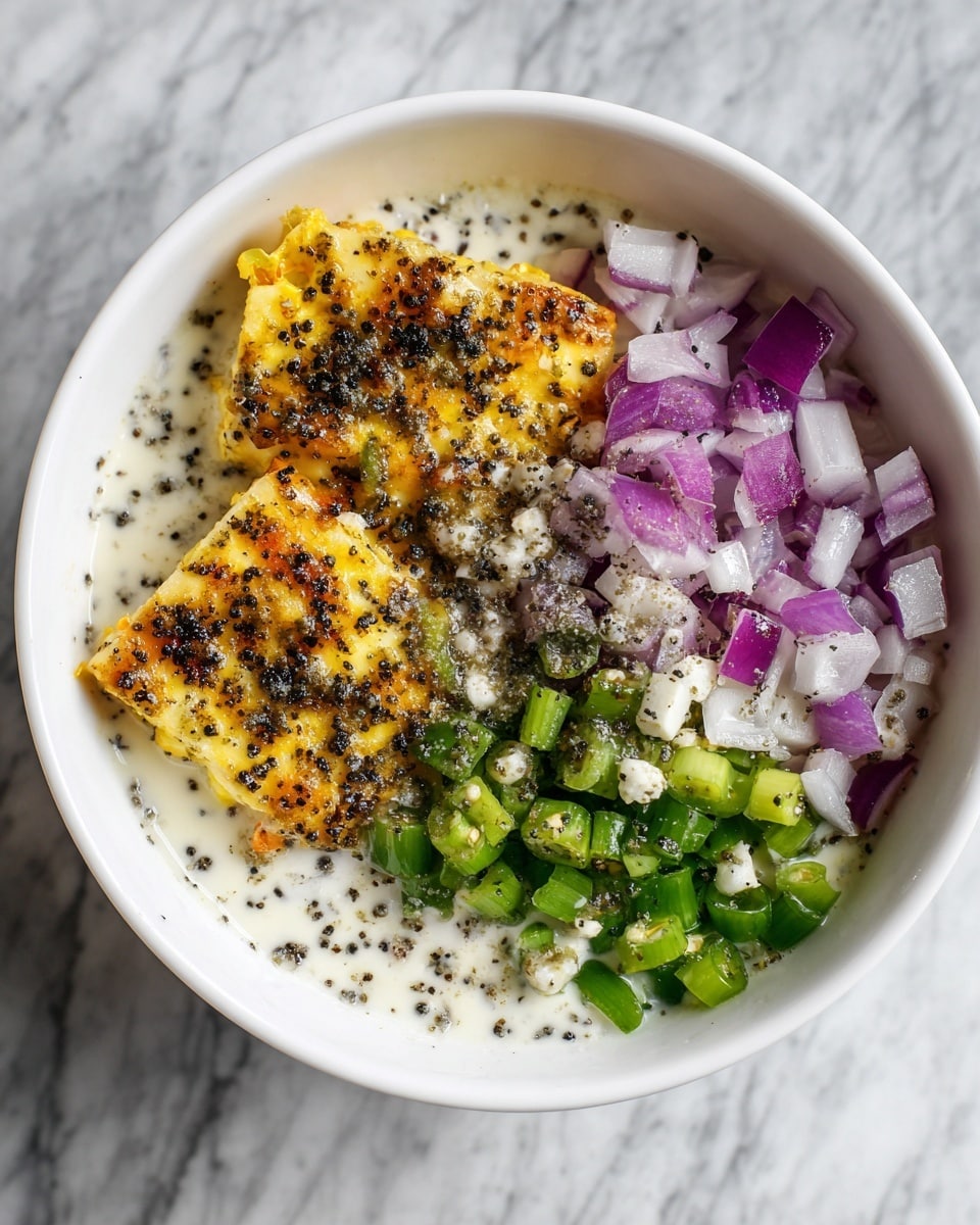 A white bowl shows three layers of food. The bottom layer is creamy white sauce with black pepper specks. On top are two pieces of lightly browned food with a golden-yellow color and black pepper seasoning. The top layer has chopped vegetables: purple onions, green chili peppers, and white garlic, all finely chopped and scattered mostly on the right side. The background is a white marbled texture photo taken with an iphone --ar 4:5 --v 7
