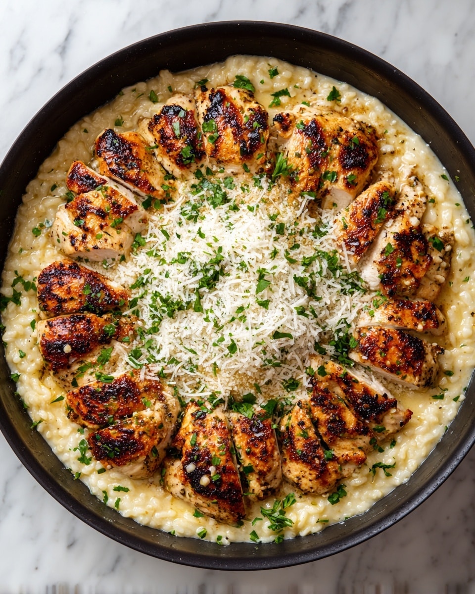 A black skillet holds the dish on a white marbled surface, filled with creamy risotto that is light yellow and smooth, forming the bottom layer. On top, there are ten grilled pieces of chicken, arranged in a circle with one piece in the center. The chicken pieces are golden brown with dark grill marks and small bits of green herbs sprinkled over them. A light sprinkling of shredded white cheese and finely chopped parsley covers both the chicken and risotto, adding texture and color contrast. Photo taken with an iphone --ar 4:5 --v 7
