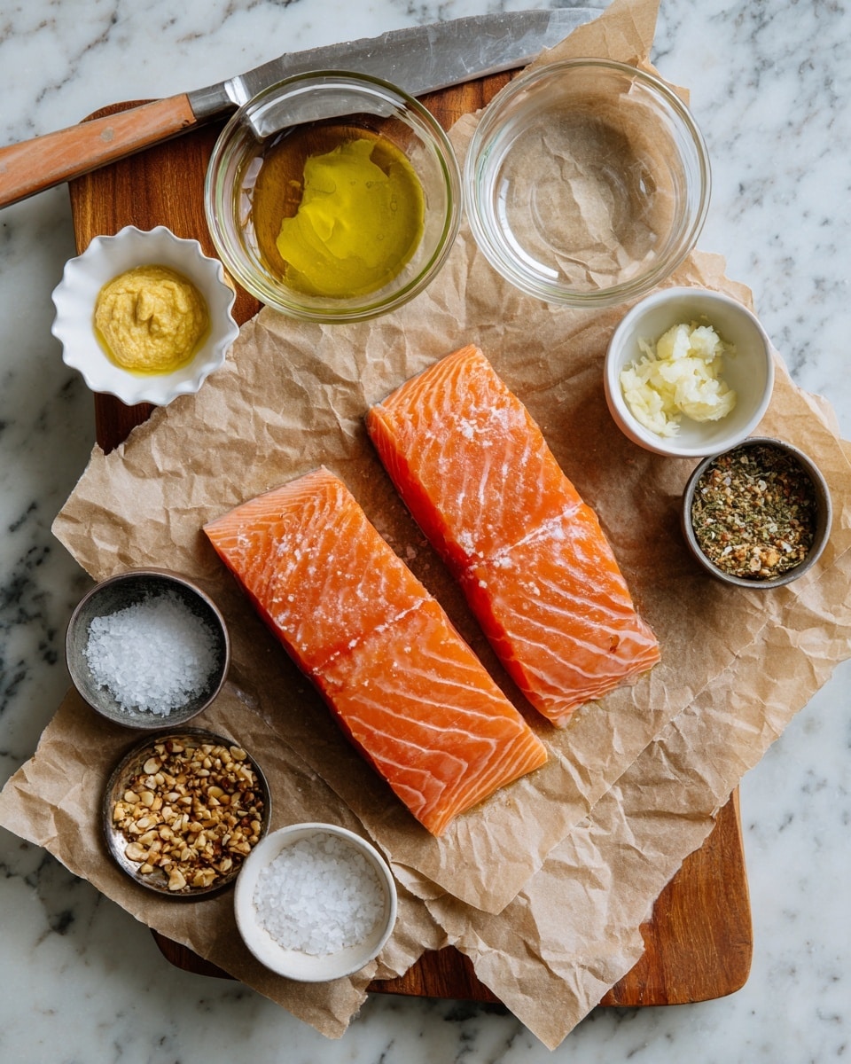 Two pieces of fresh orange salmon with white fat lines lie on crumpled brown parchment paper on a wooden cutting board. Around the salmon are seven small containers: a clear glass bowl with light yellow mustard, a white scalloped bowl filled with yellow olive oil, a small metal cup with coarse white salt, a dark fluted bowl with ground black pepper, a clear glass bowl with pale minced garlic, a clear glass bowl containing light beige lemon juice, and a white bowl with crushed golden-brown nuts and spices. A large knife with a shiny blade and a light wooden handle rests near the top center of the cutting board. The whole setup is on a white marbled textured surface. Photo taken with an iphone --ar 4:5 --v 7