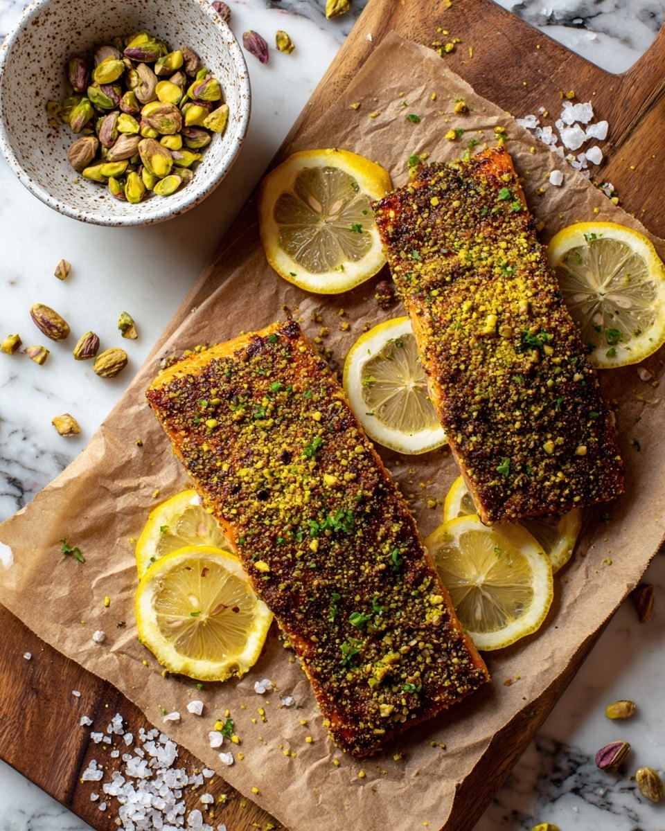 Two pieces of salmon with a rough, golden-brown crust of crushed pistachios cover the top and sides, placed on a sheet of brown parchment paper on a wooden board. Around the salmon are several bright yellow lemon slices sprinkled with chopped green herbs. To the upper left, there is a white speckled bowl filled with loose, chopped pistachios. Scattered whole pistachio nuts and coarse salt crystals are spread around the board. The background surface is a white marbled texture. Photo taken with an iphone --ar 4:5 --v 7