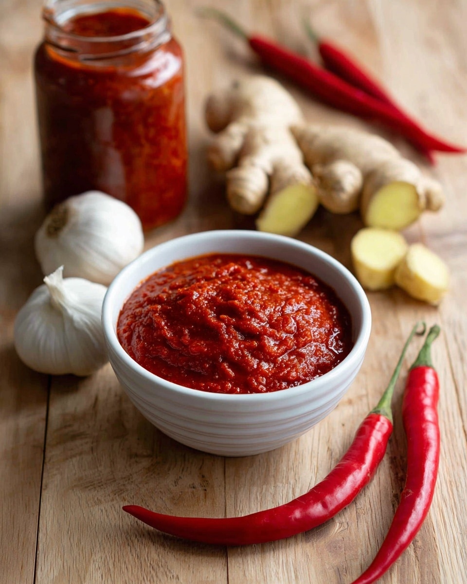 The image shows a white bowl filled with thick red chili sauce with a textured surface. Behind the bowl are two whole red chili peppers on the right and fresh ginger root pieces placed next to them. On the left side, there are two garlic bulbs and a smaller jar with the same red sauce inside. All items are arranged on a wooden surface with a clean, natural look. photo taken with an iphone --ar 4:5 --v 7