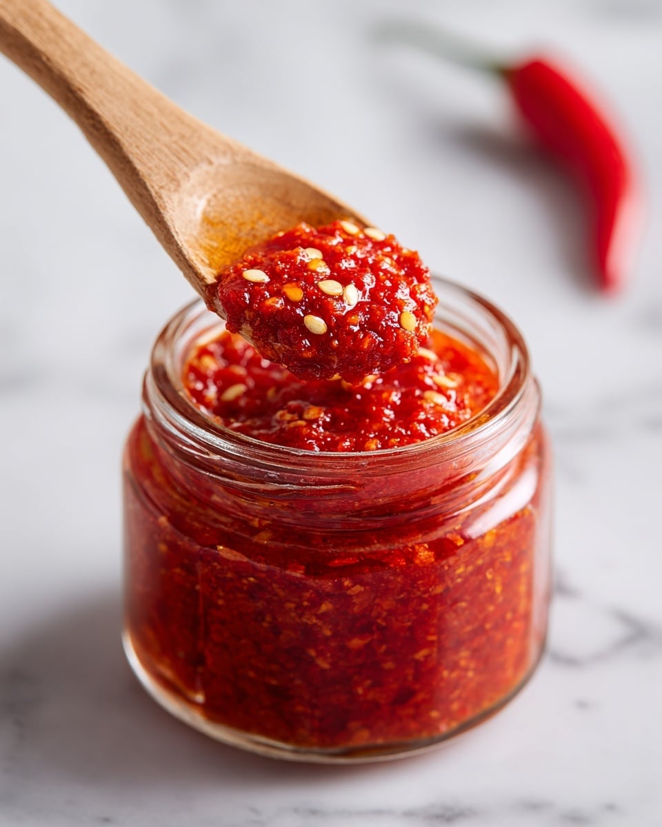 The image shows a small glass jar filled with bright red chili paste. The paste looks thick and chunky, with visible bits of chili and seeds. A wooden spoon is dipped into the jar, holding a scoop of the chili paste above it. The jar is sitting on a white marbled surface, and one red chili pepper is partially visible in the background. The texture of the chili paste is rough and uneven, full of small pieces inside. Photo taken with an iphone --ar 4:5 --v 7