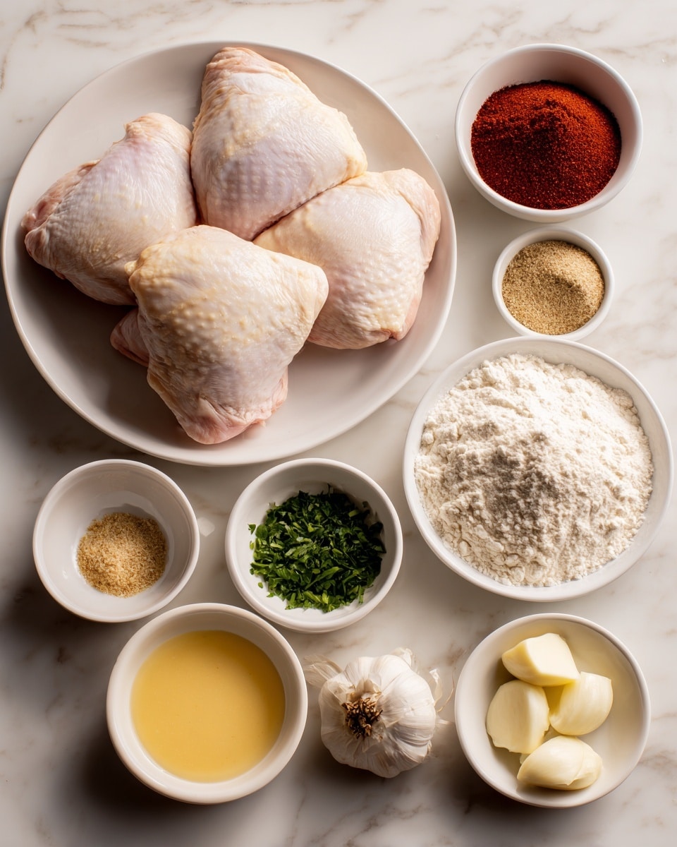 The image shows a white plate with four raw chicken pieces on the top left. Around the plate are small white bowls holding various ingredients: a dark red powder, a light yellow creamy sauce, light brown liquid, and various dry spices. There’s a small bowl with chopped green herbs in the middle, a bowl of white flour to the left, and bowls containing yellow butter, white garlic cloves, chopped shallots, and white cream. The background is a white marbled surface. Photo taken with an iphone --ar 4:5 --v 7