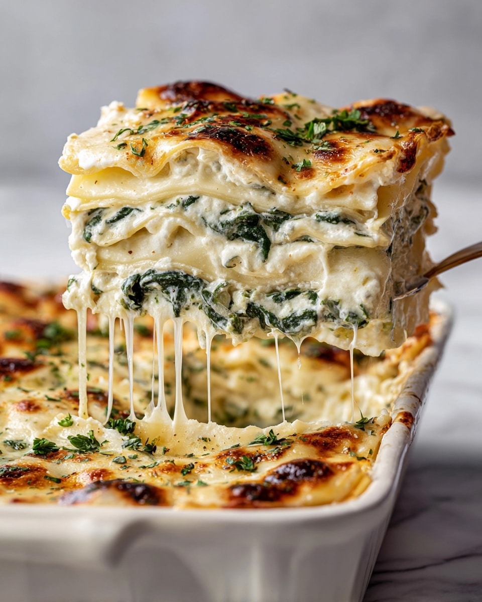 A close-up of a slice of white lasagna lifted from a large baking dish shows five thick layers. The top layer is creamy white sauce lightly browned with fresh green herbs sprinkled on top. Below this are alternating layers of white sauce mixed with green spinach and white pasta sheets. Strings of melted cheese stretch from the slice back into the dish. The baking dish is white and set on a white marbled surface with a soft, blurred background. photo taken with an iphone --ar 4:5 --v 7