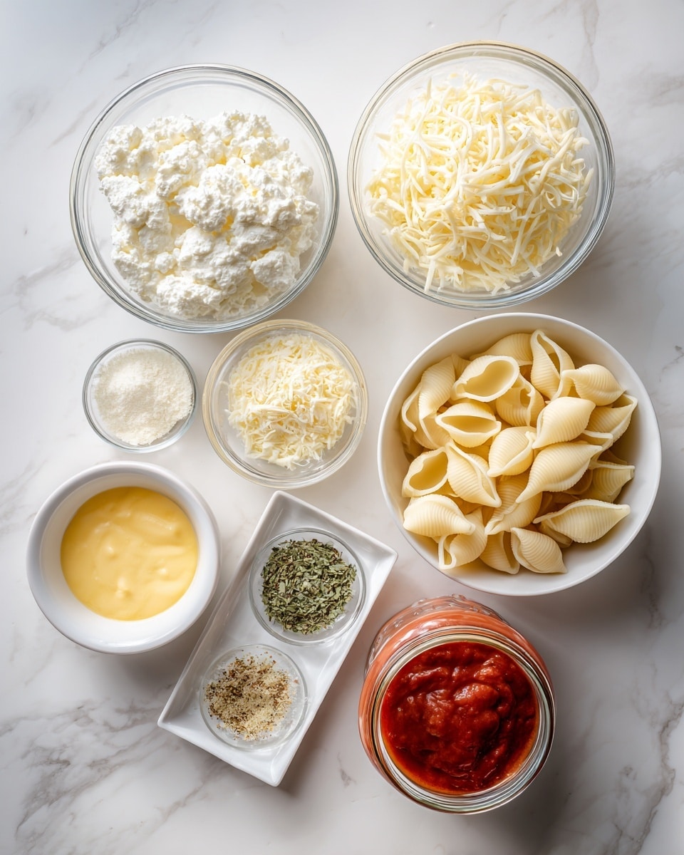 The image shows several clear glass bowls and a white tray arranged on a white marbled surface. On the left, a medium bowl holds white cottage cheese with a lumpy texture. Next to it, a similar bowl is filled with shredded white cheese. Below them, a small bowl contains a beaten yellow egg mixture with a smooth texture, while two other small bowls hold finely grated white and light yellow cheeses. Between these bowls is a tiny dish with green dried herbs and spices. To the right, a white tray is filled with uncooked pasta shells that are pale yellow and smooth. At the bottom right of the tray is a glass jar with red pasta sauce visible at the top, placed directly on the white marbled surface. photo taken with an iphone --ar 4:5 --v 7