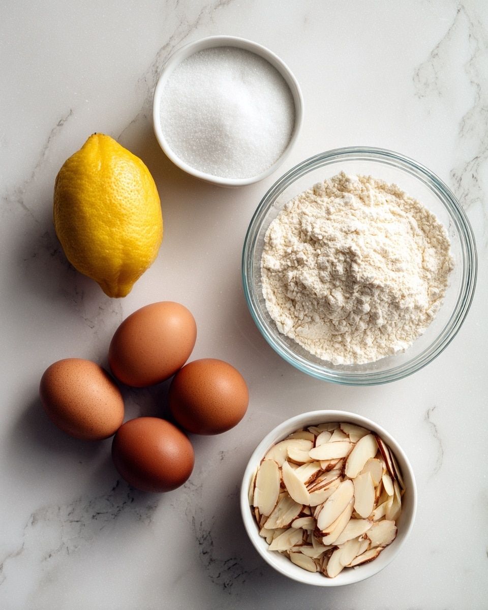 The image shows several baking ingredients arranged on a white marbled surface. There is a clear glass bowl filled with a light beige powdery flour at the top right, and a small white bowl filled with white sugar at the top left. Below these, there are four brown eggs with smooth shells placed in a loose group. To the far left, there is a whole yellow lemon with a textured peel. At the bottom right, there is a small white bowl filled with thinly sliced almonds that are pale with brown edges. Everything is neatly placed with some space between each ingredient. Photo taken with an iphone --ar 4:5 --v 7