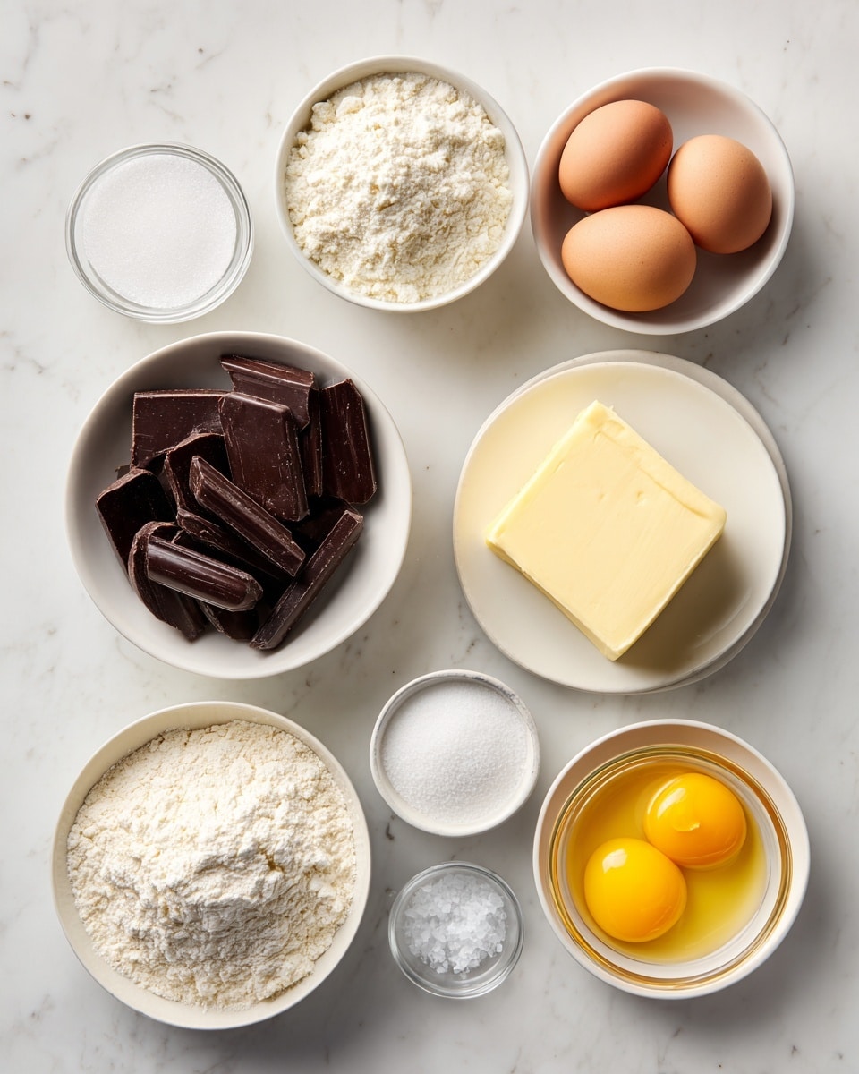 The image shows seven small white bowls and plates arranged neatly on a white marbled surface. One bowl contains dark brown oval chocolate pieces with a smooth texture, placed on the left side. Next to it are bowls with white granulated sugar, two whole brown eggs, a small bowl with fine white flour, a white plate holding a rectangular block of pale yellow butter, a bowl with two bright yellow egg yolks, and a small glass bowl filled with a tiny amount of salt. The colors are light and neutral except for the rich brown chocolate and yellow yolks, all evenly spaced in a clean, organized manner. photo taken with an iphone --ar 4:5 --v 7